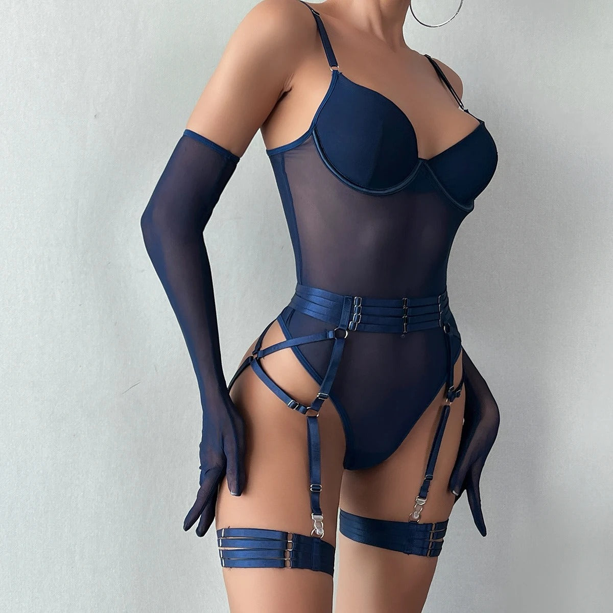 Blue Elegant Transparent Bodysuit with Gloves & Garter