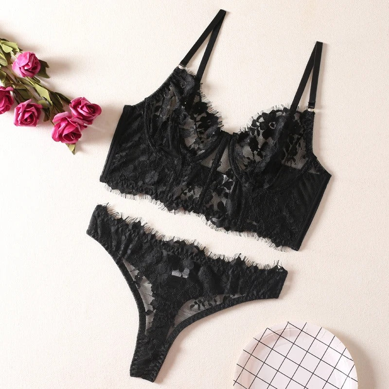 Black Bralette Floral Lingerie Set