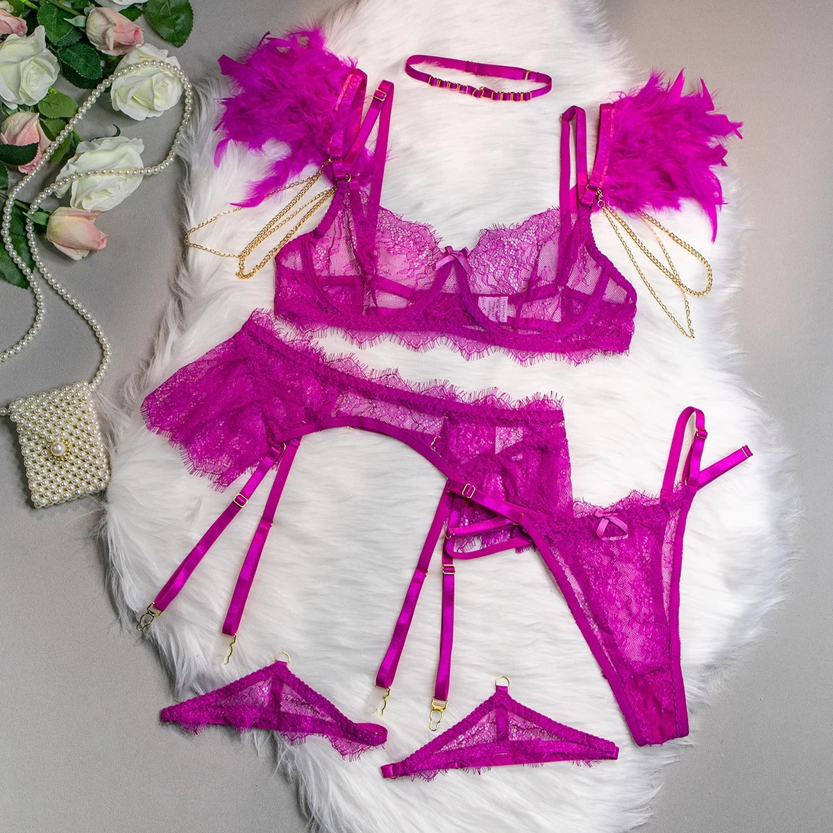 Rose Feathered See Through Bra & Panty & Garter Set