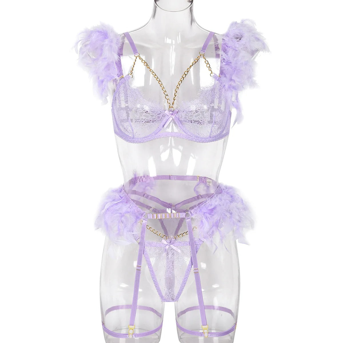 Feathered Detailed Sheer Bra&Panty&Garter Set