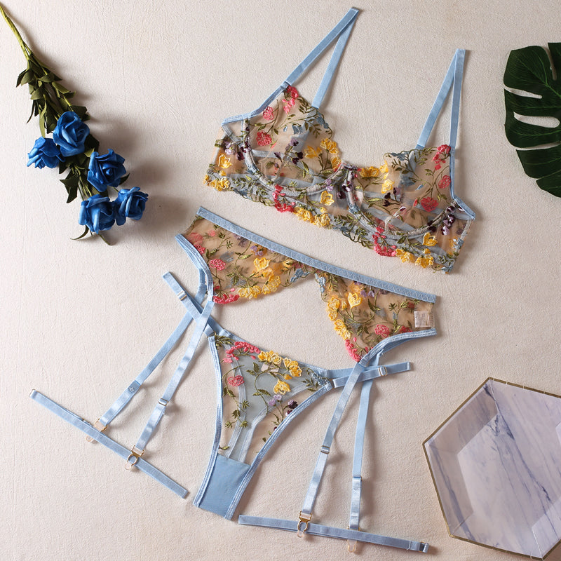 Light Blue Floral Embroidery Lingerie Set & Bra & Panty & Garter