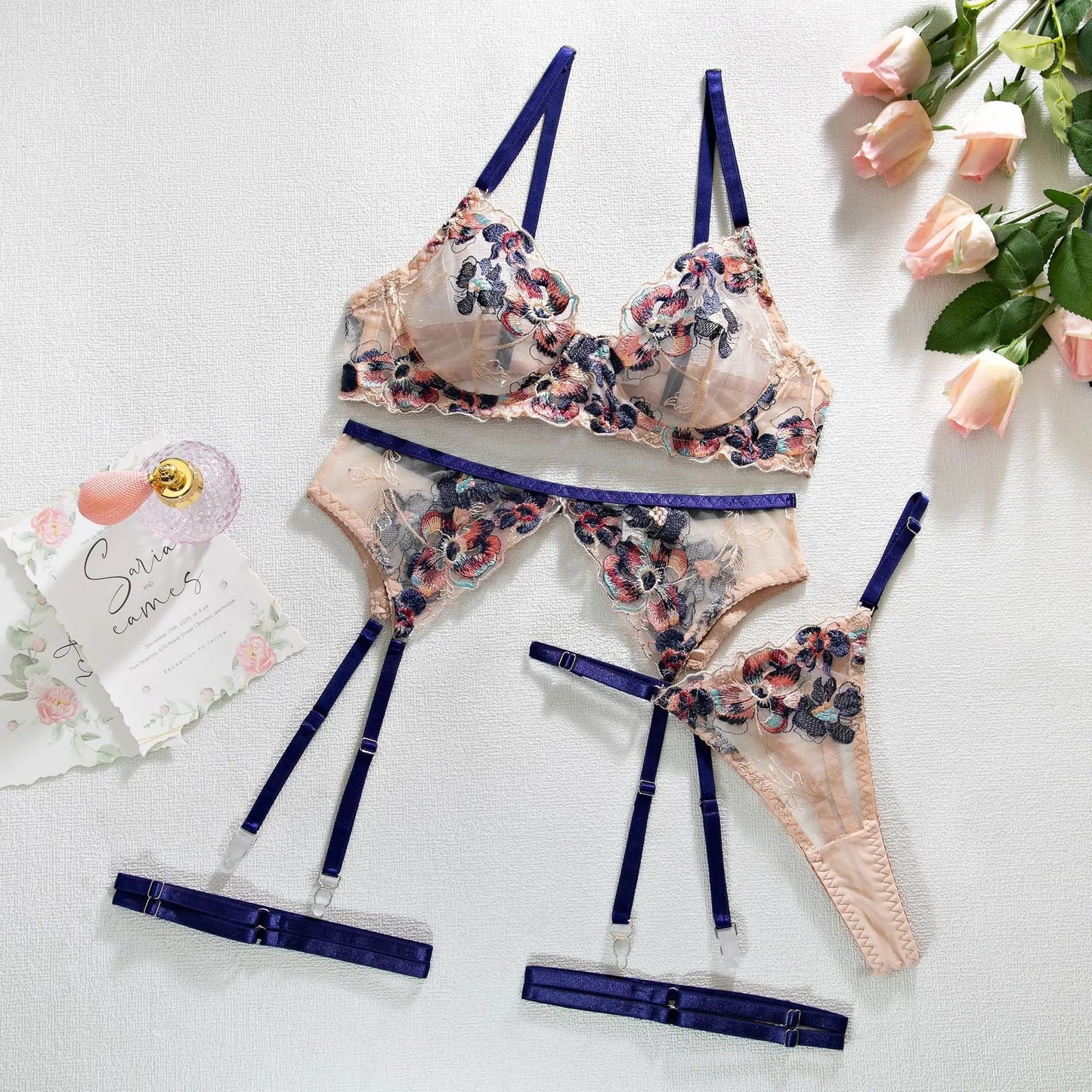 Navy Blue Floral Embroidery Bra & Panty & Garter Set