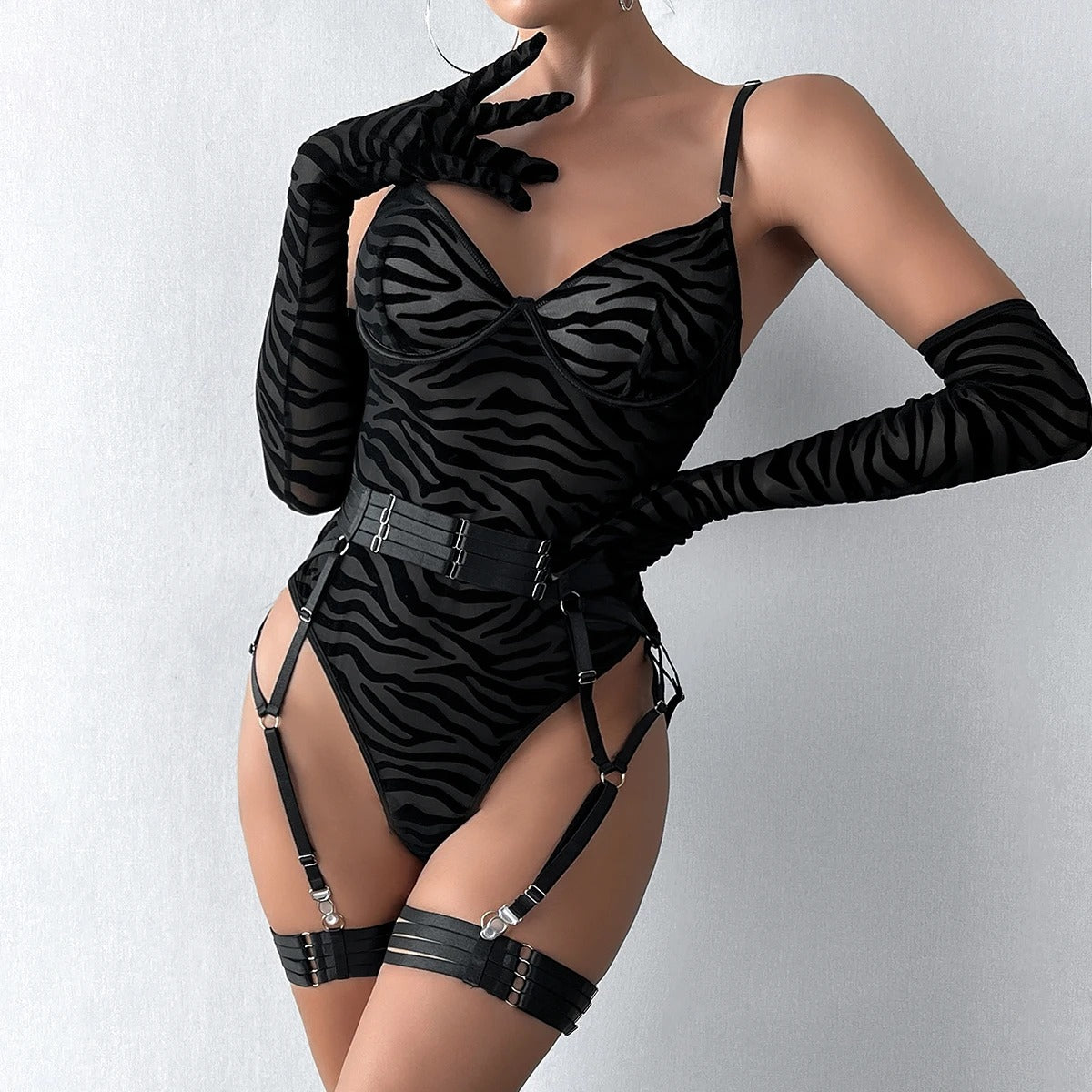 Gray Zebra Elegant Transparent Bodysuit with Gloves & Garter