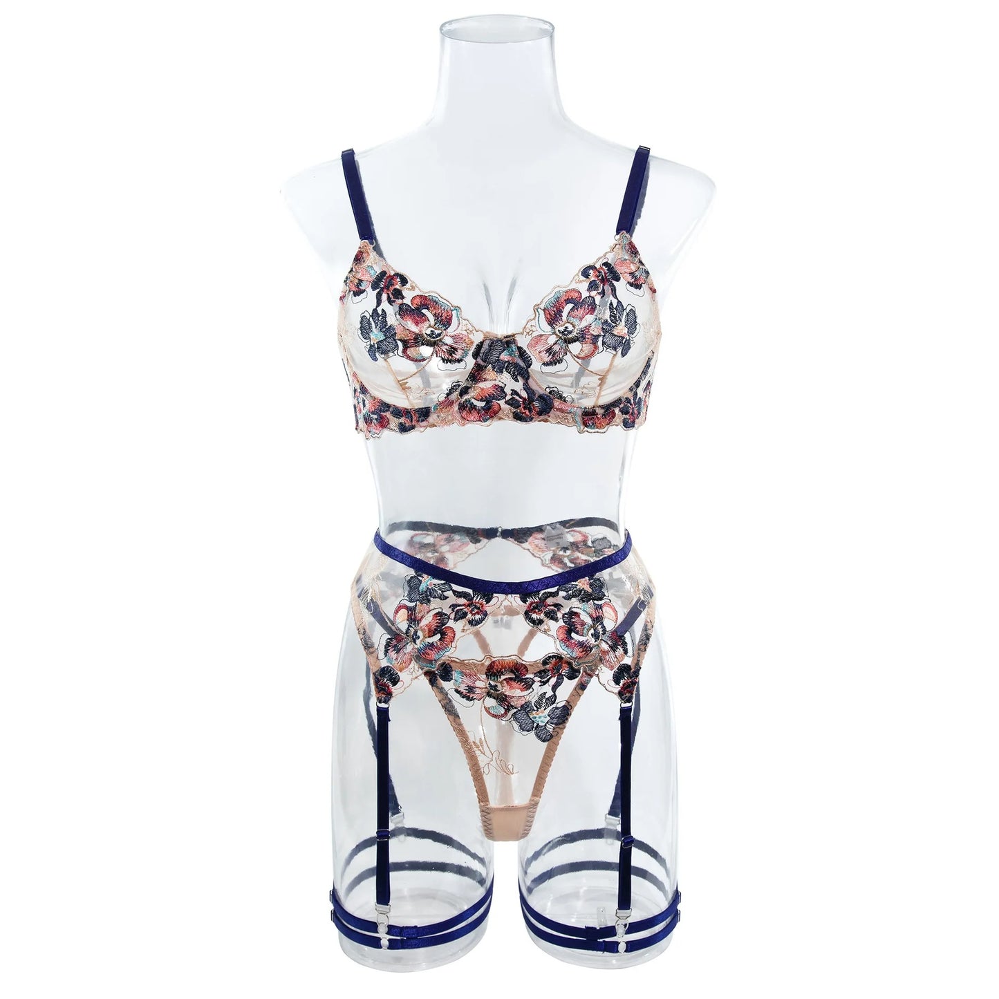 Navy Blue Floral Embroidery Bra & Panty & Garter Set