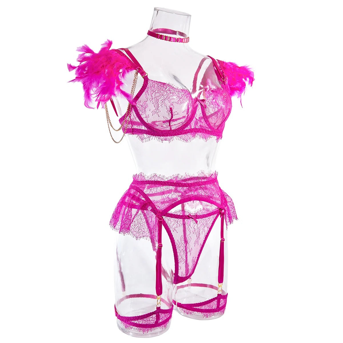 Rose Feathered See Through Bra & Panty & Garter Set