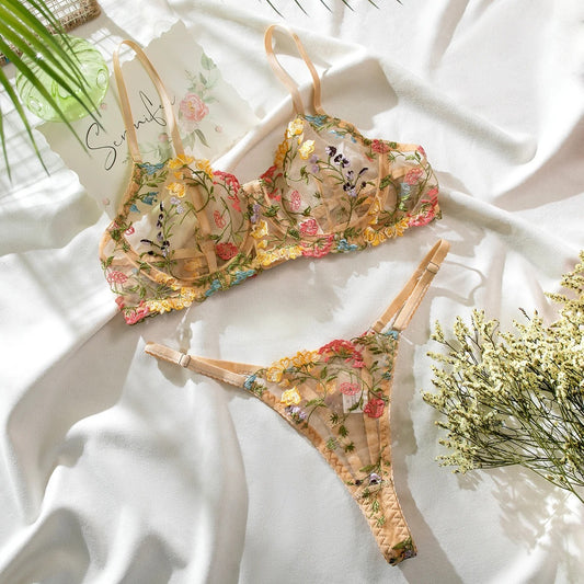 Khaki Floral Embroidery Lingerie Set