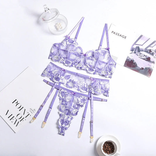 Purple Spring Floral Lingerie Set & Bra & Panty & Garter