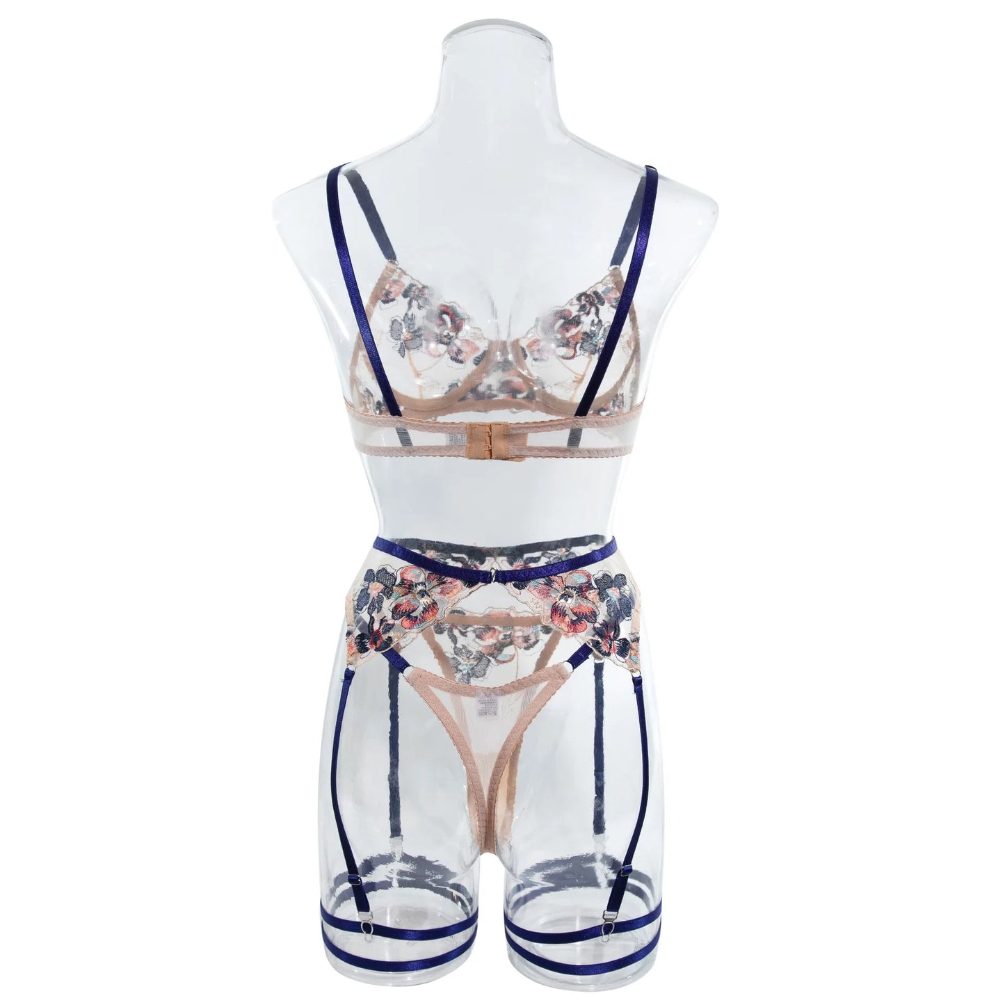 Navy Blue Floral Embroidery Bra & Panty & Garter Set