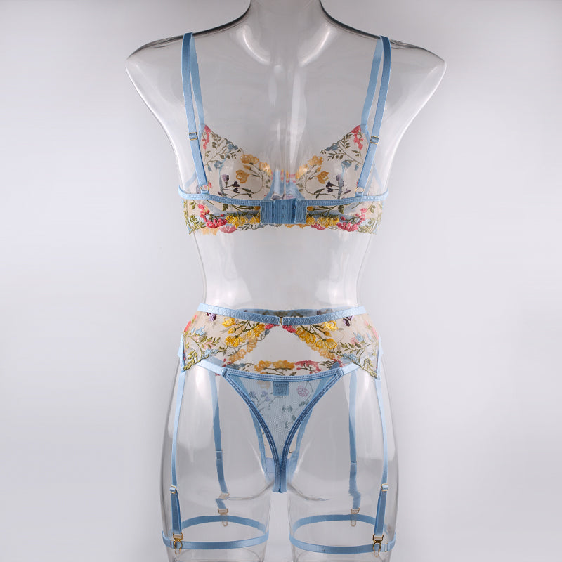 Light Blue Floral Embroidery Lingerie Set & Bra & Panty & Garter