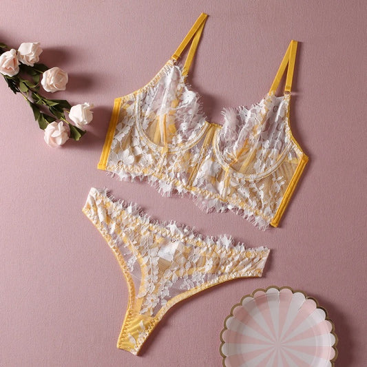 Yellow Bralette Floral Lingerie Set