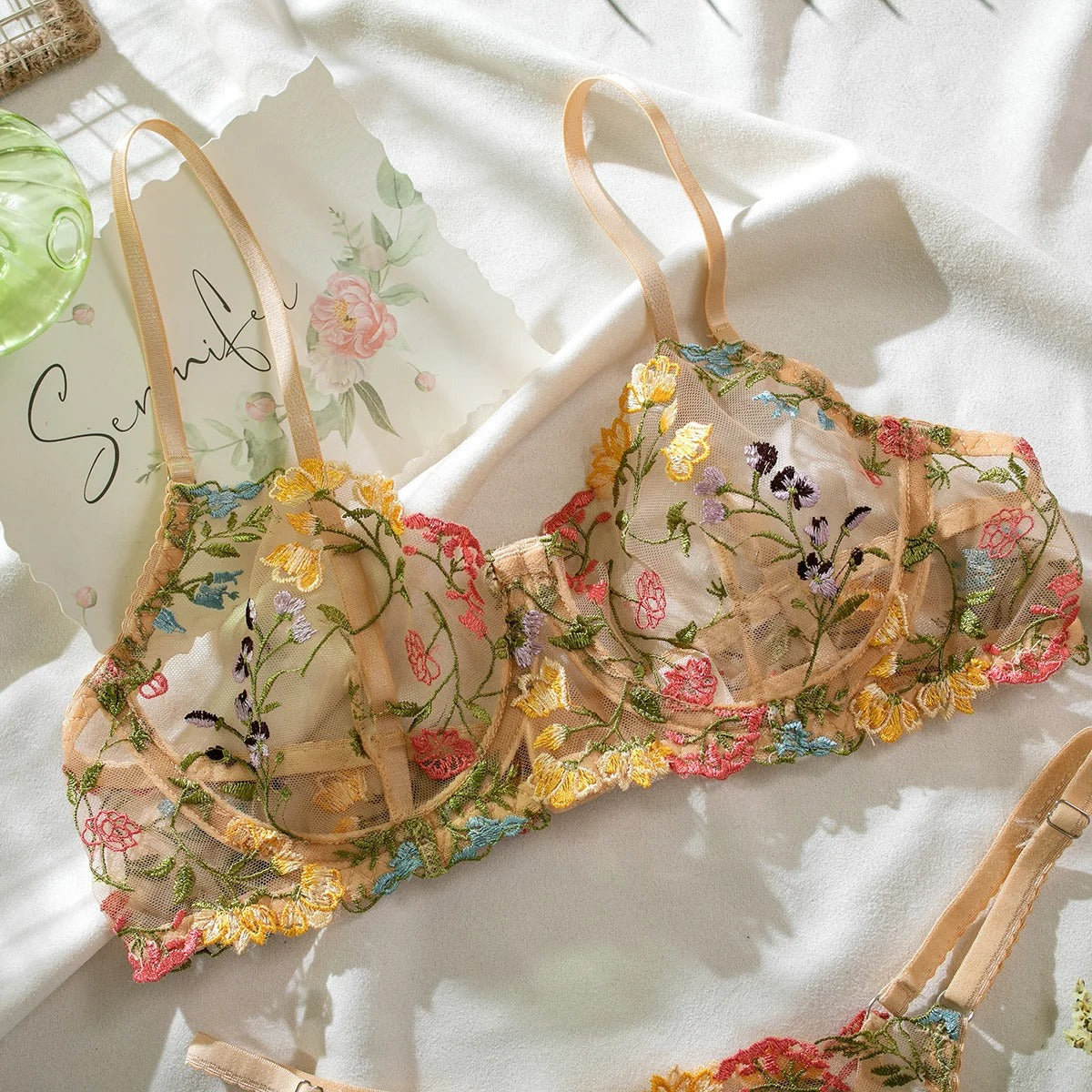 Khaki Floral Embroidery Lingerie Set