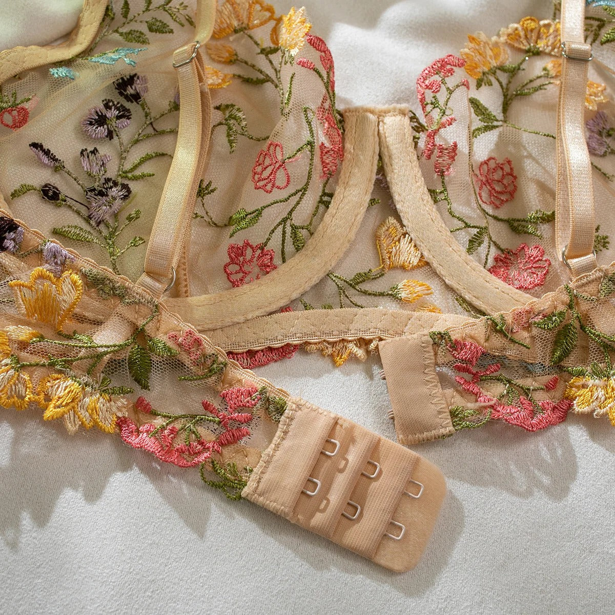 Khaki Floral Embroidery Lingerie Set