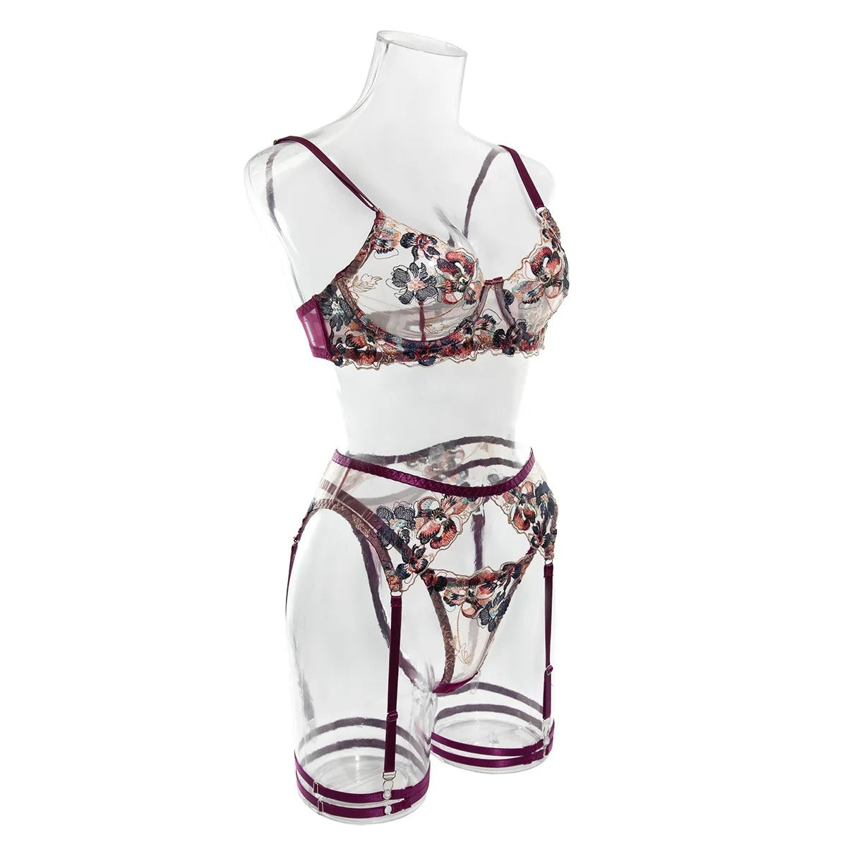 Purple Embroidery Floral Bra & Panty & Garter Set