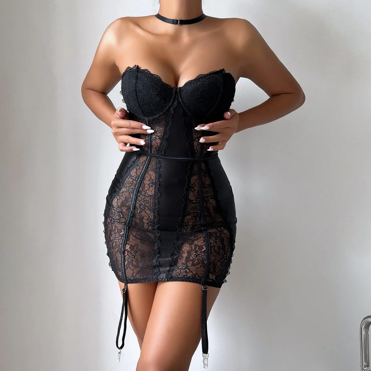 Black Super Mini Erotic Dress with Garter / See Through Babydoll