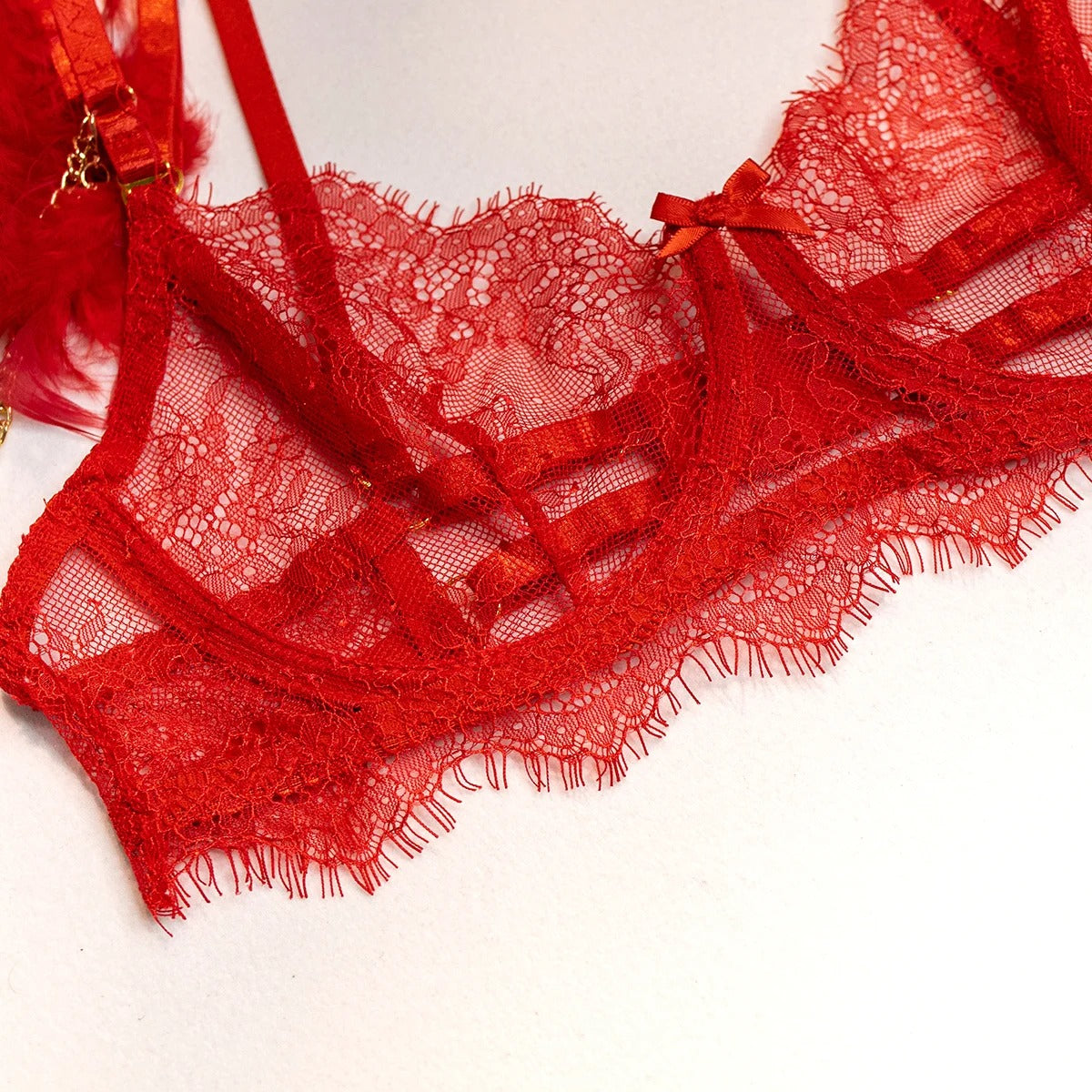 Red Feathered See Through Bra & Panty & Garter Set