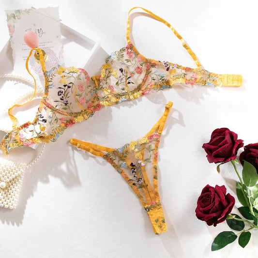 Yellow Floral Embroidery Lingerie Set