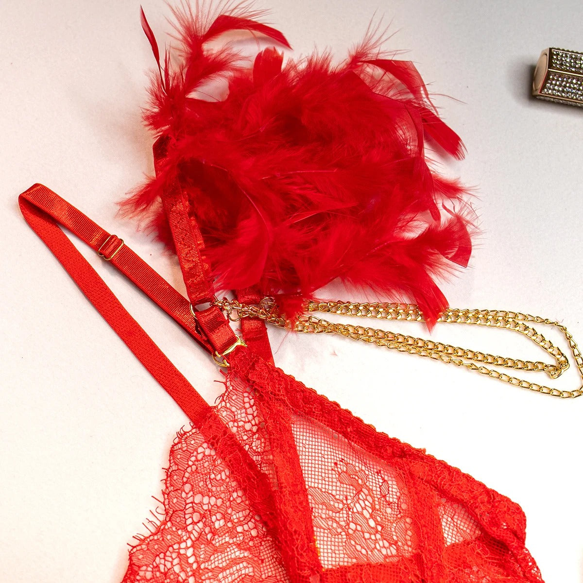 Red Feathered See Through Bra & Panty & Garter Set