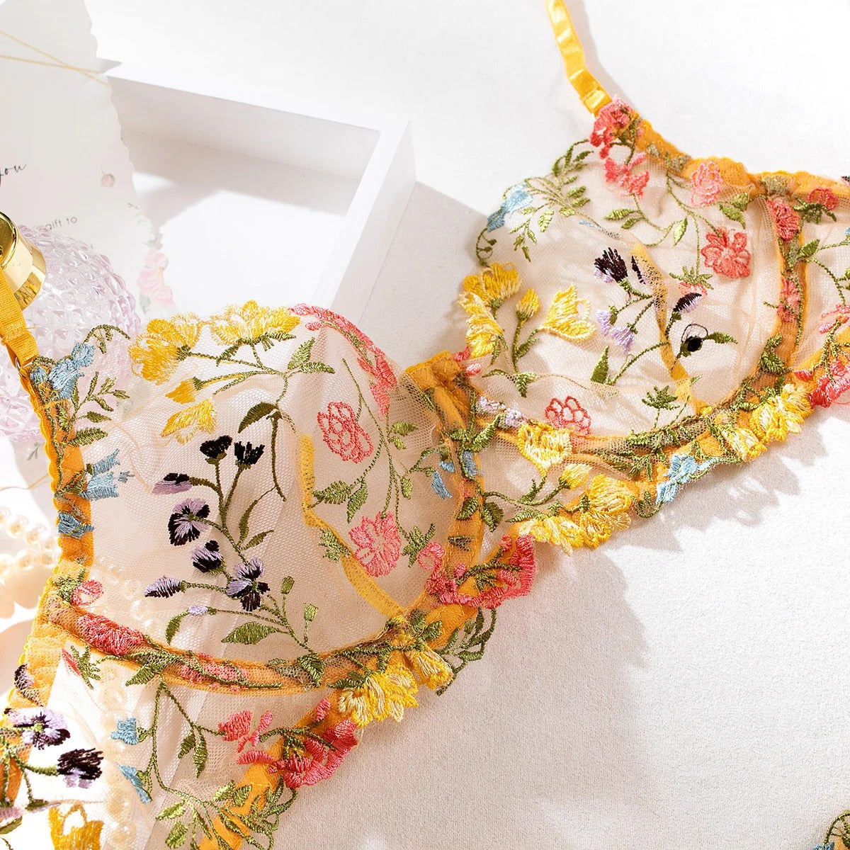 Yellow Floral Embroidery Lingerie Set