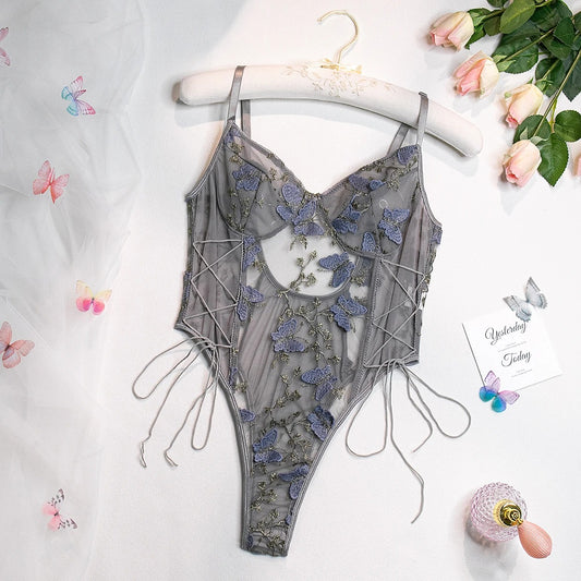 Gray Butterfly Embroidered Bodysuit