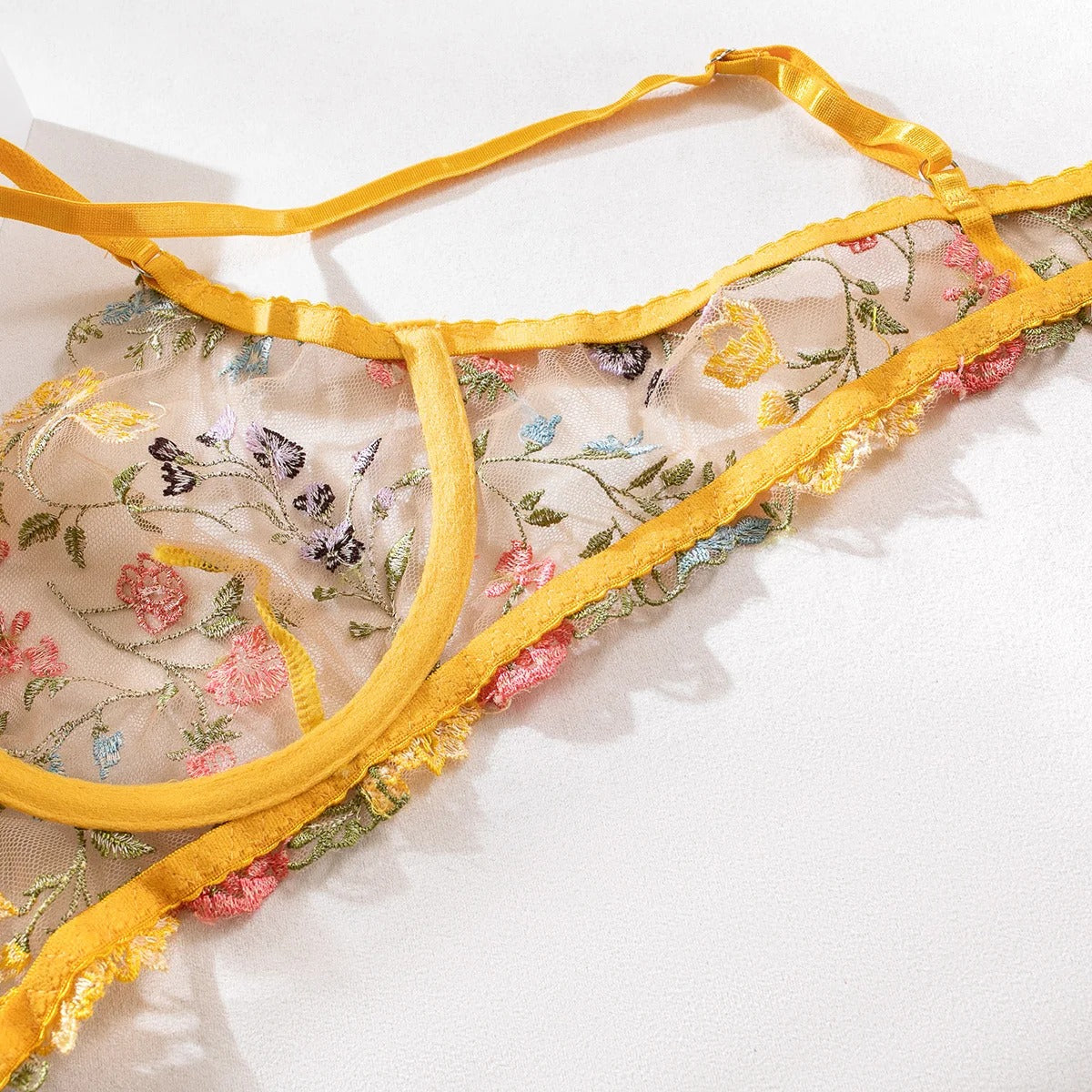 Yellow Floral Embroidery Lingerie Set