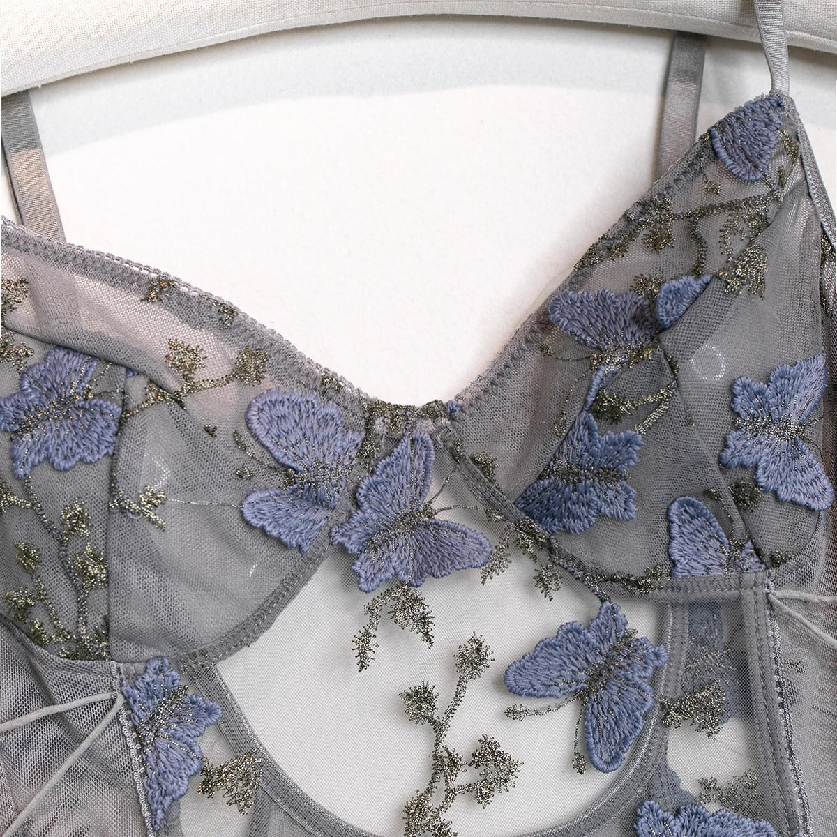 Gray Butterfly Embroidered Bodysuit