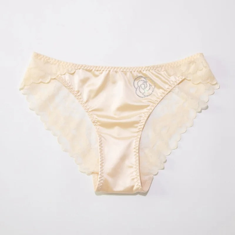 Flower-Shaped Shining Stone Embroidery Satin Panties