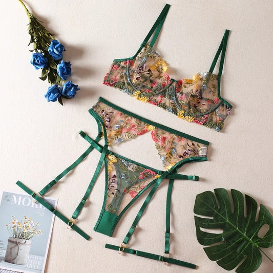 Green Floral Embroidery Lingerie Set & Bra & Panty & Garter