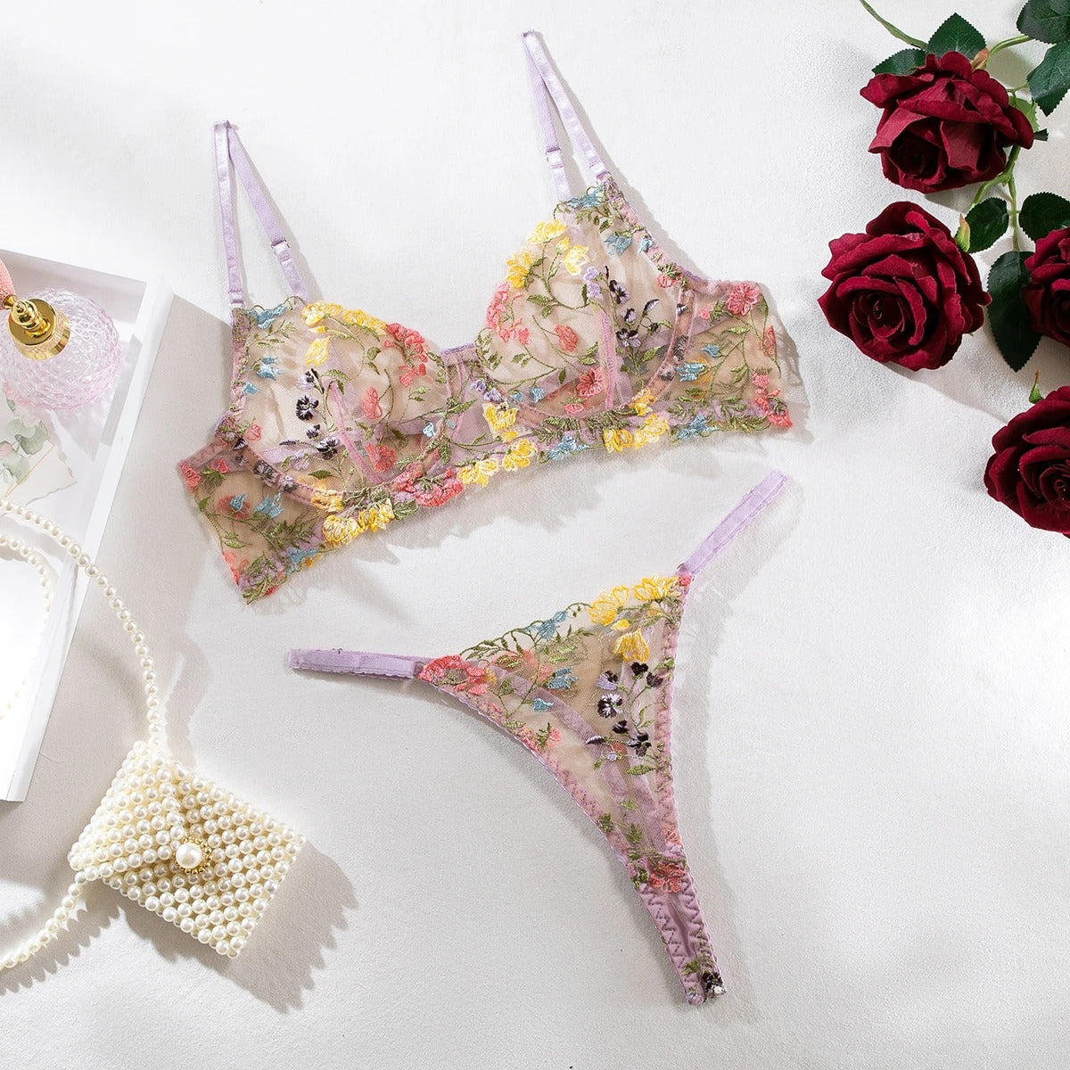 Purple Floral Embroidery Lingerie Set