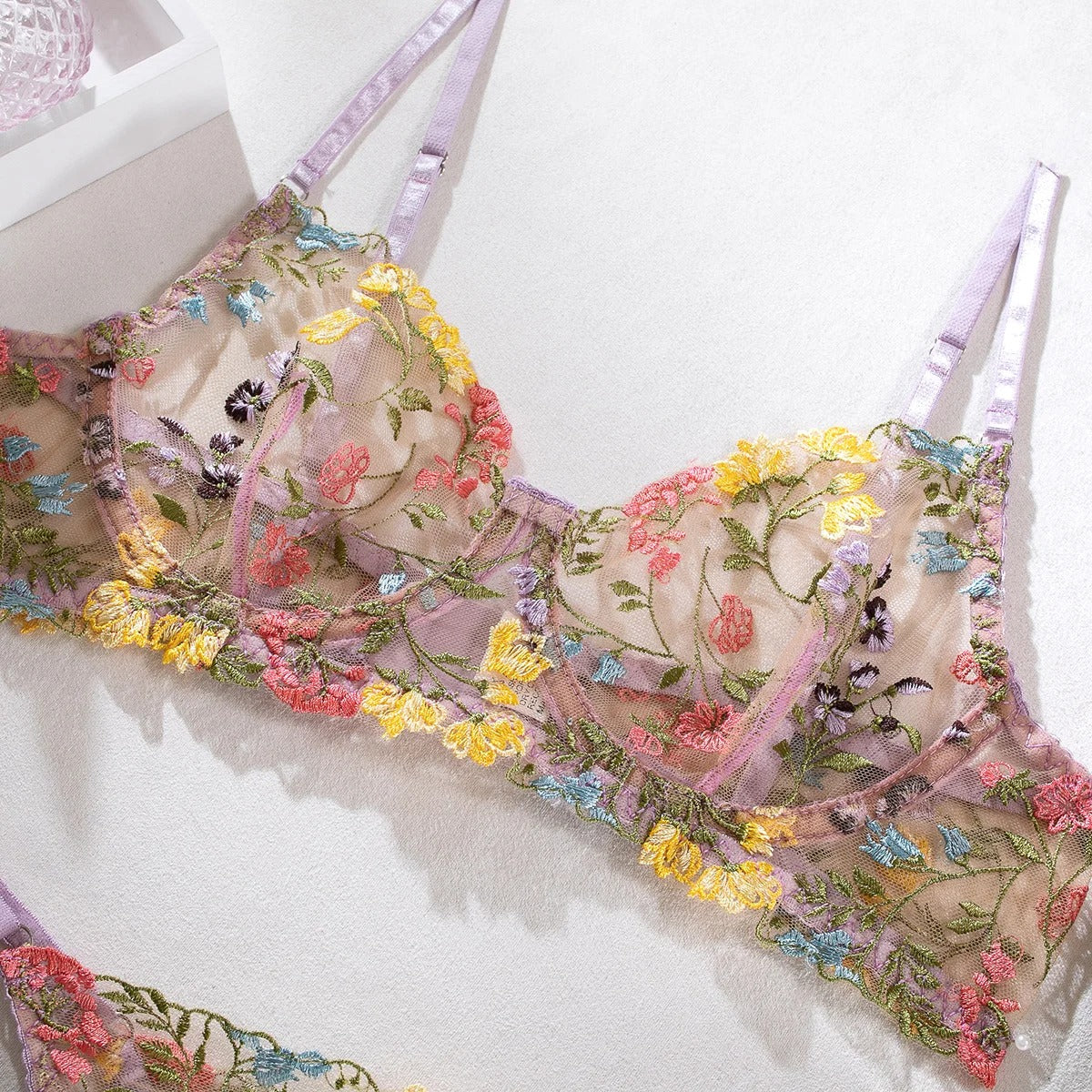 Purple Floral Embroidery Lingerie Set