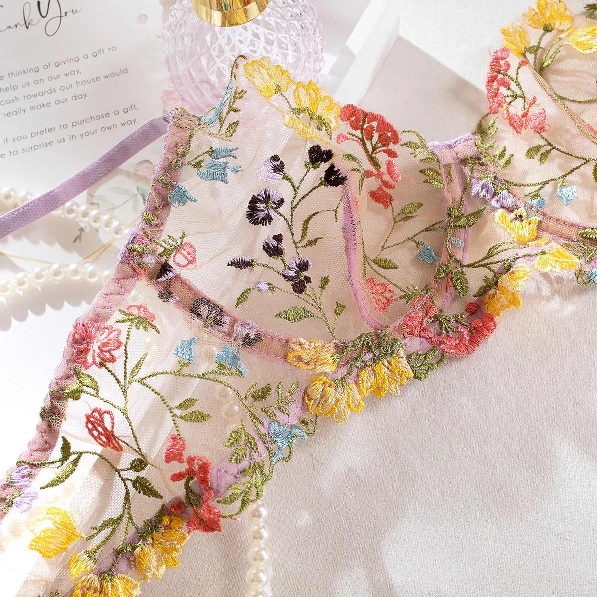 Purple Floral Embroidery Lingerie Set