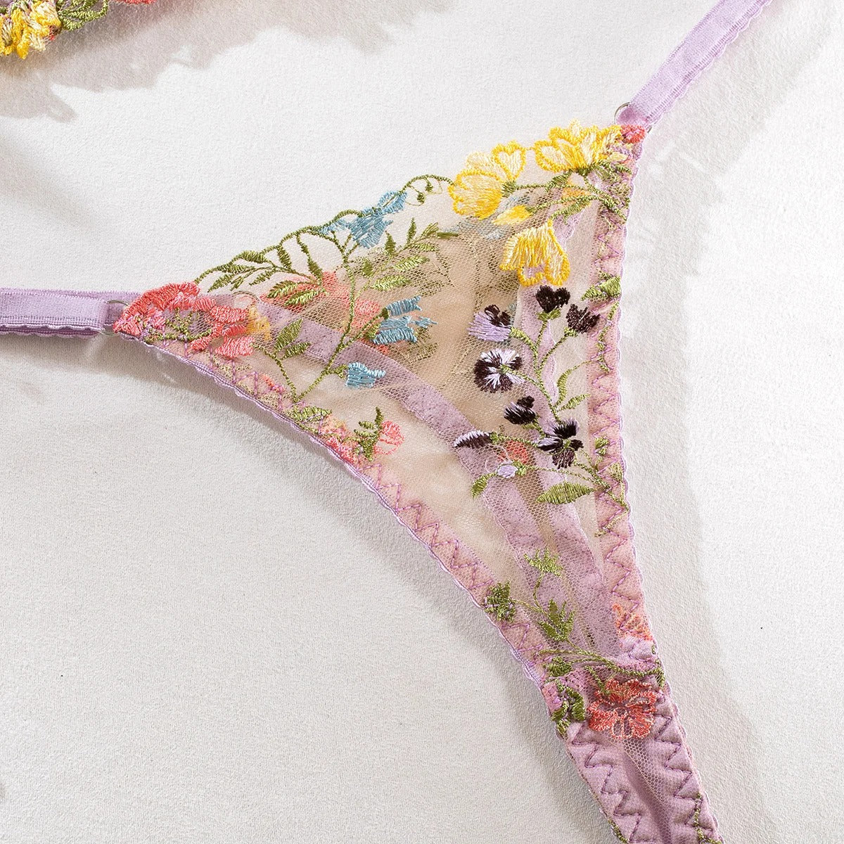 Purple Floral Embroidery Lingerie Set