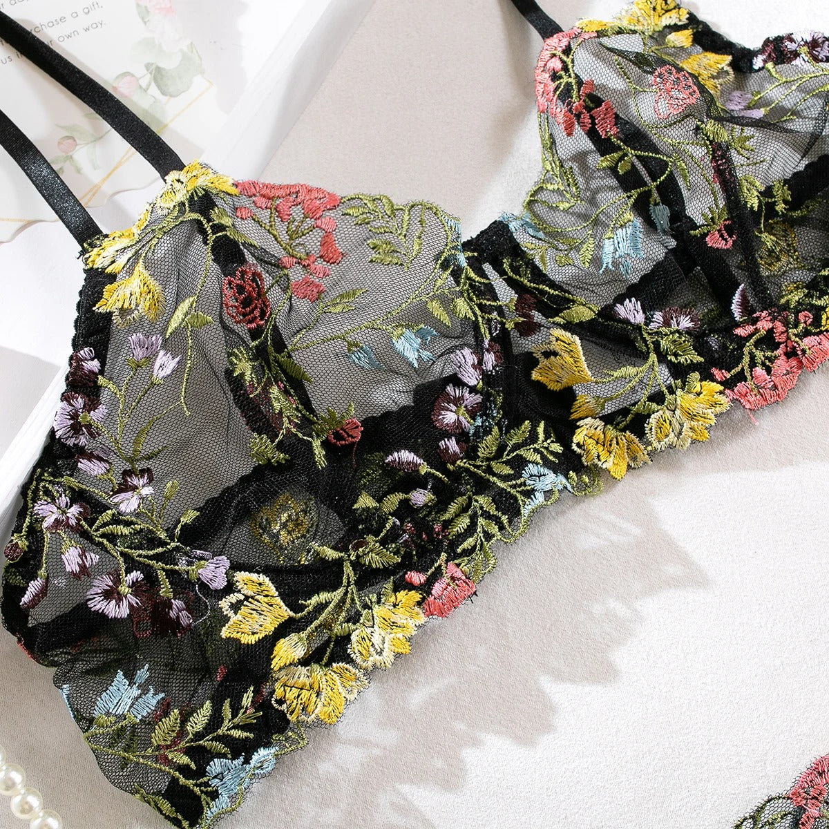 Black Floral Embroidery Lingerie Set