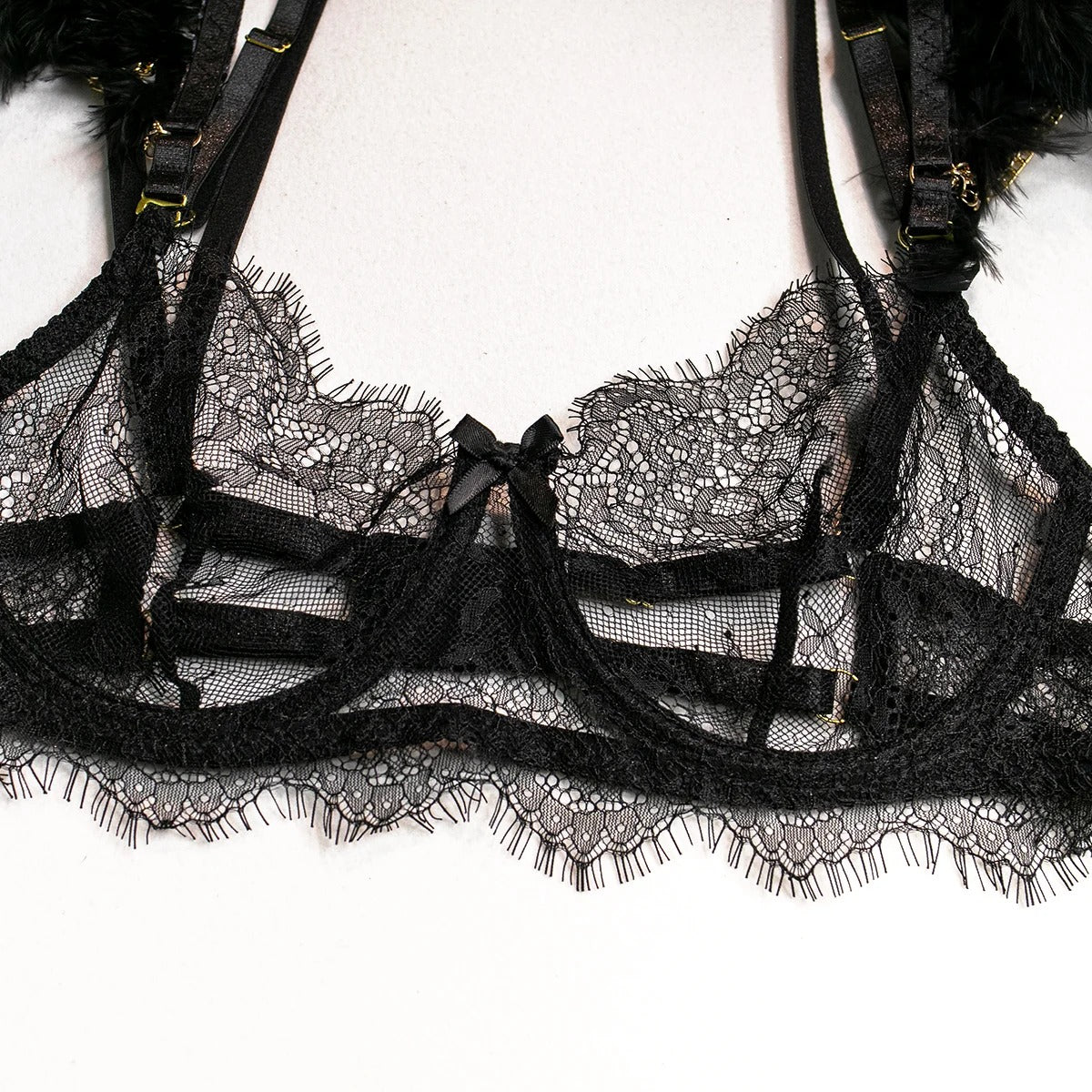 Black Feathered See Through Bra & Panty & Garter Set