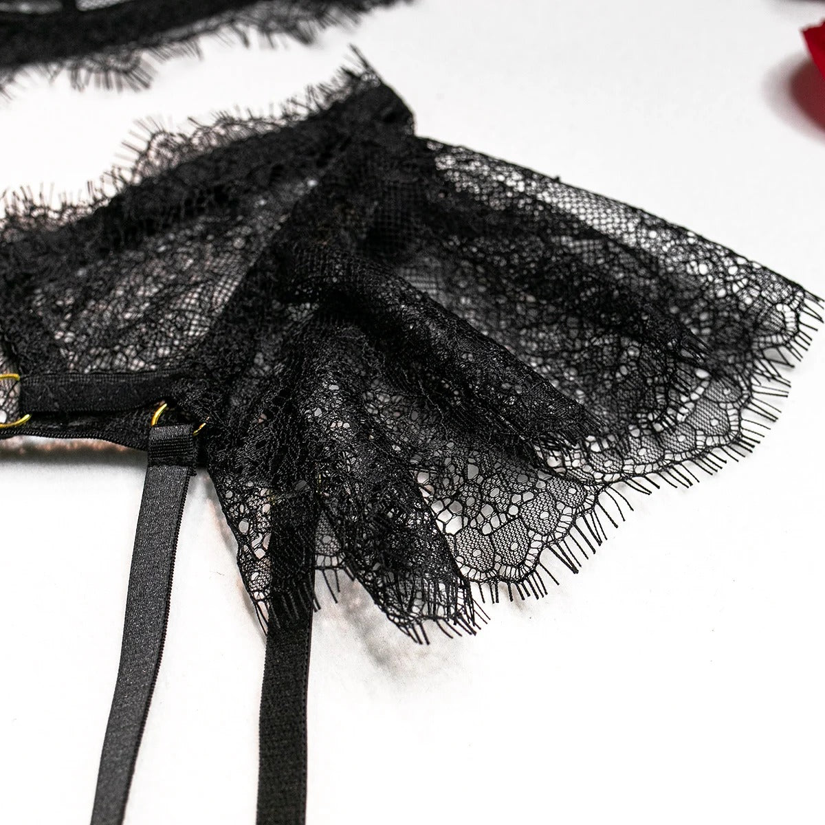 Black Feathered See Through Bra & Panty & Garter Set