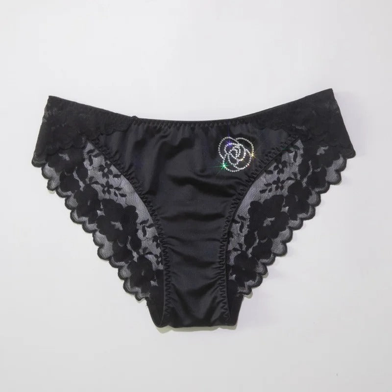 Flower-Shaped Shining Stone Embroidery Satin Panties