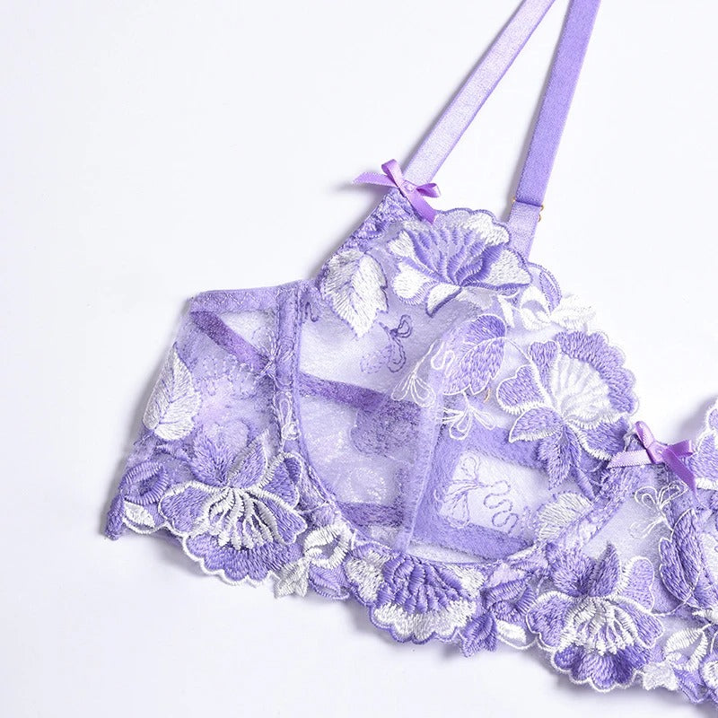 Purple Spring Floral Lingerie Set & Bra & Panty & Garter