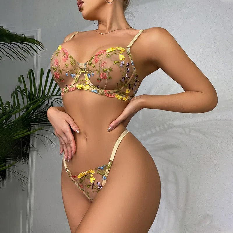 Khaki Floral Embroidery Lingerie Set