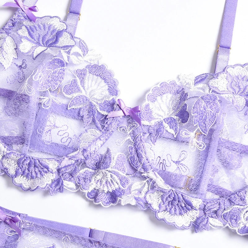 Purple Spring Floral Lingerie Set & Bra & Panty & Garter