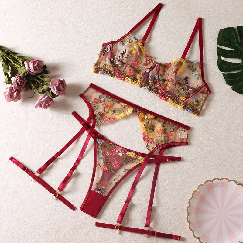 Red Floral Embroidery Lingerie Set & Bra & Panty & Garter