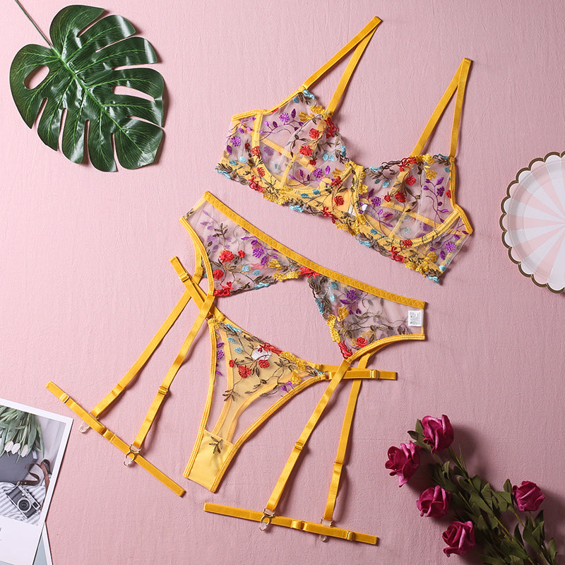 Yellow Floral Embroidery Lingerie Set & Bra & Panty & Garter