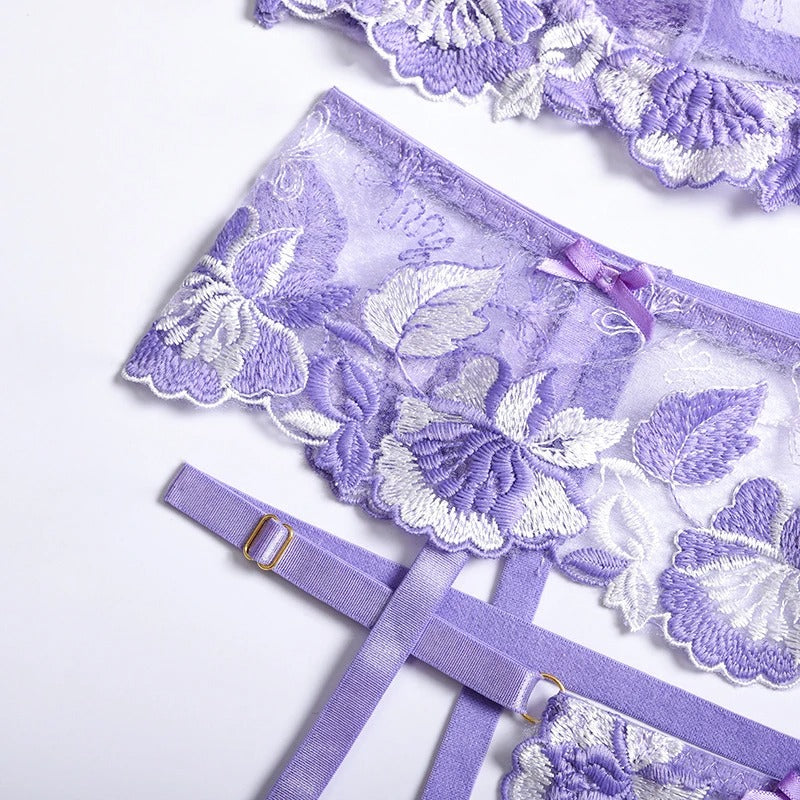 Purple Spring Floral Lingerie Set & Bra & Panty & Garter