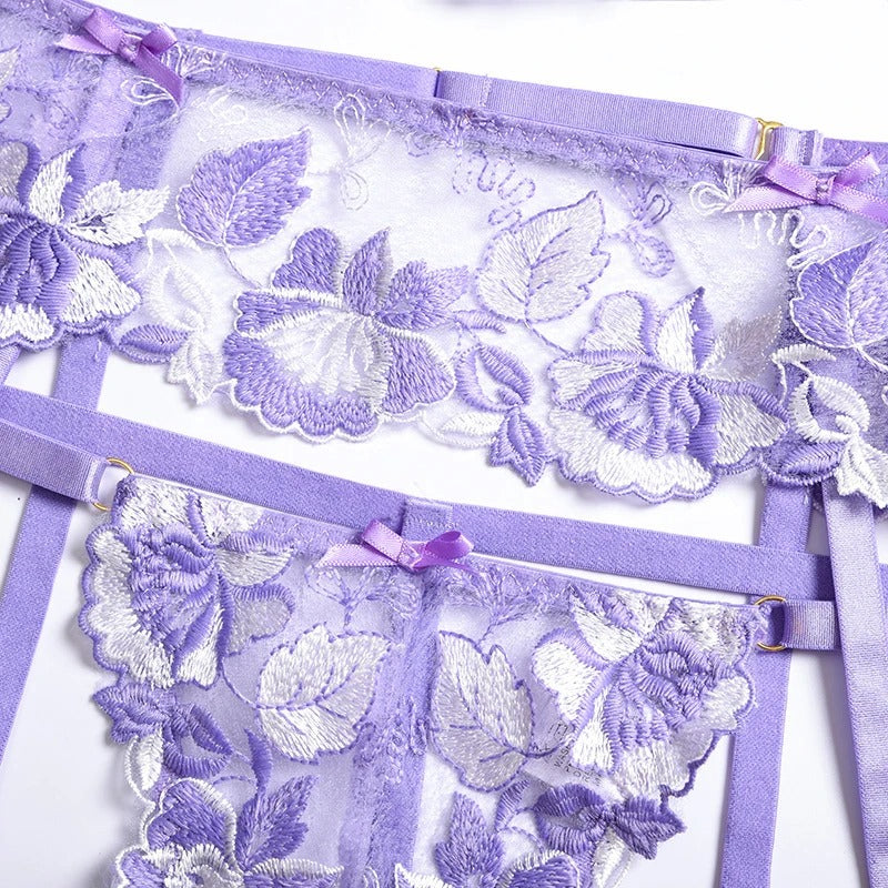 Purple Spring Floral Lingerie Set & Bra & Panty & Garter