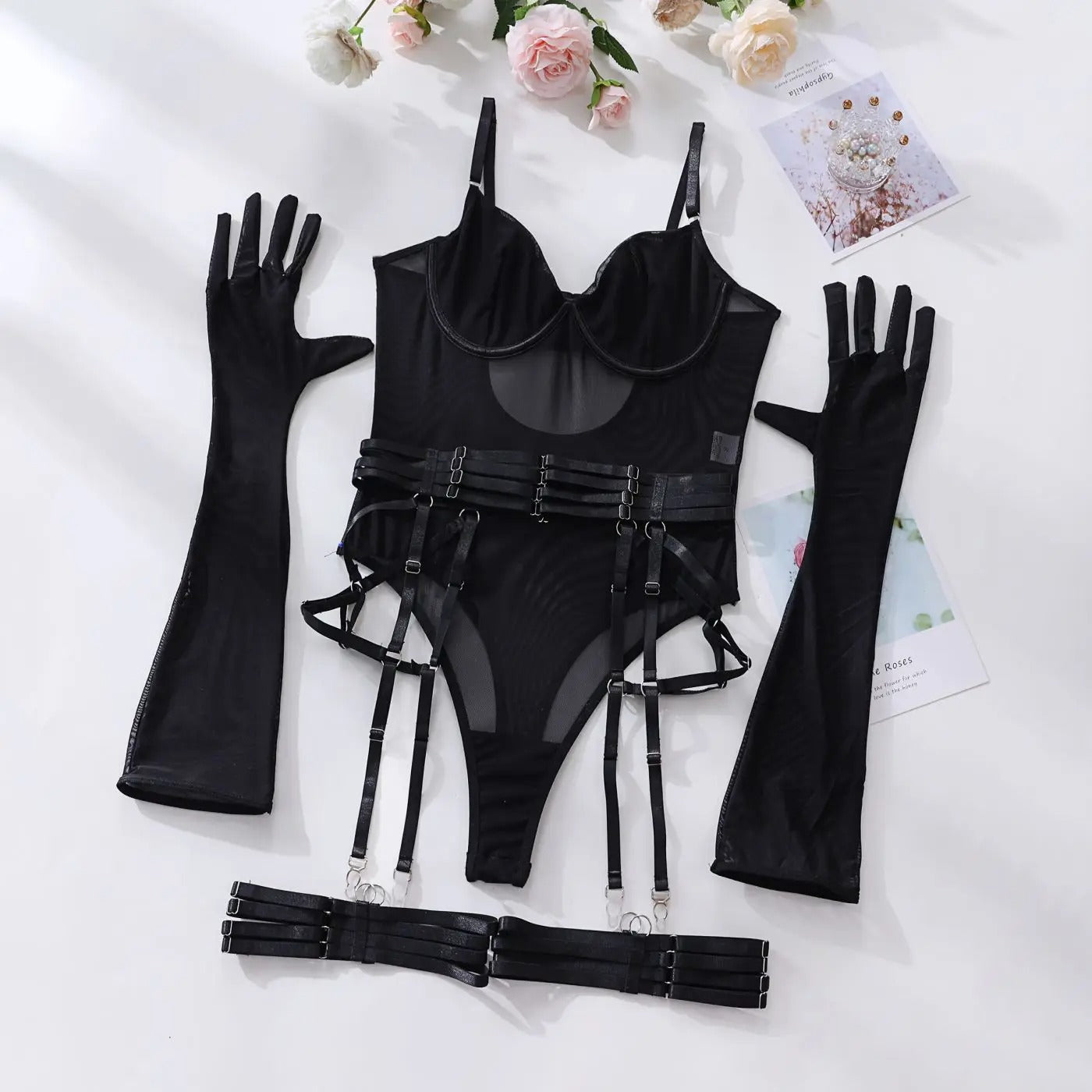 Black Elegant Transparent Bodysuit with Gloves & Garter