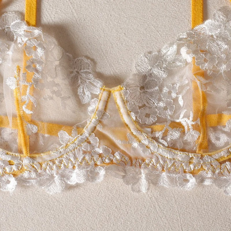 Yellow Floral Bra and Panty & Garter Set