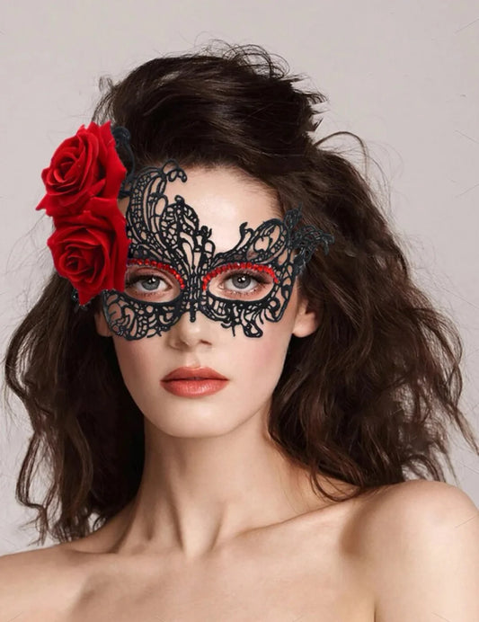 Black Eye Mask with Red Rose Details