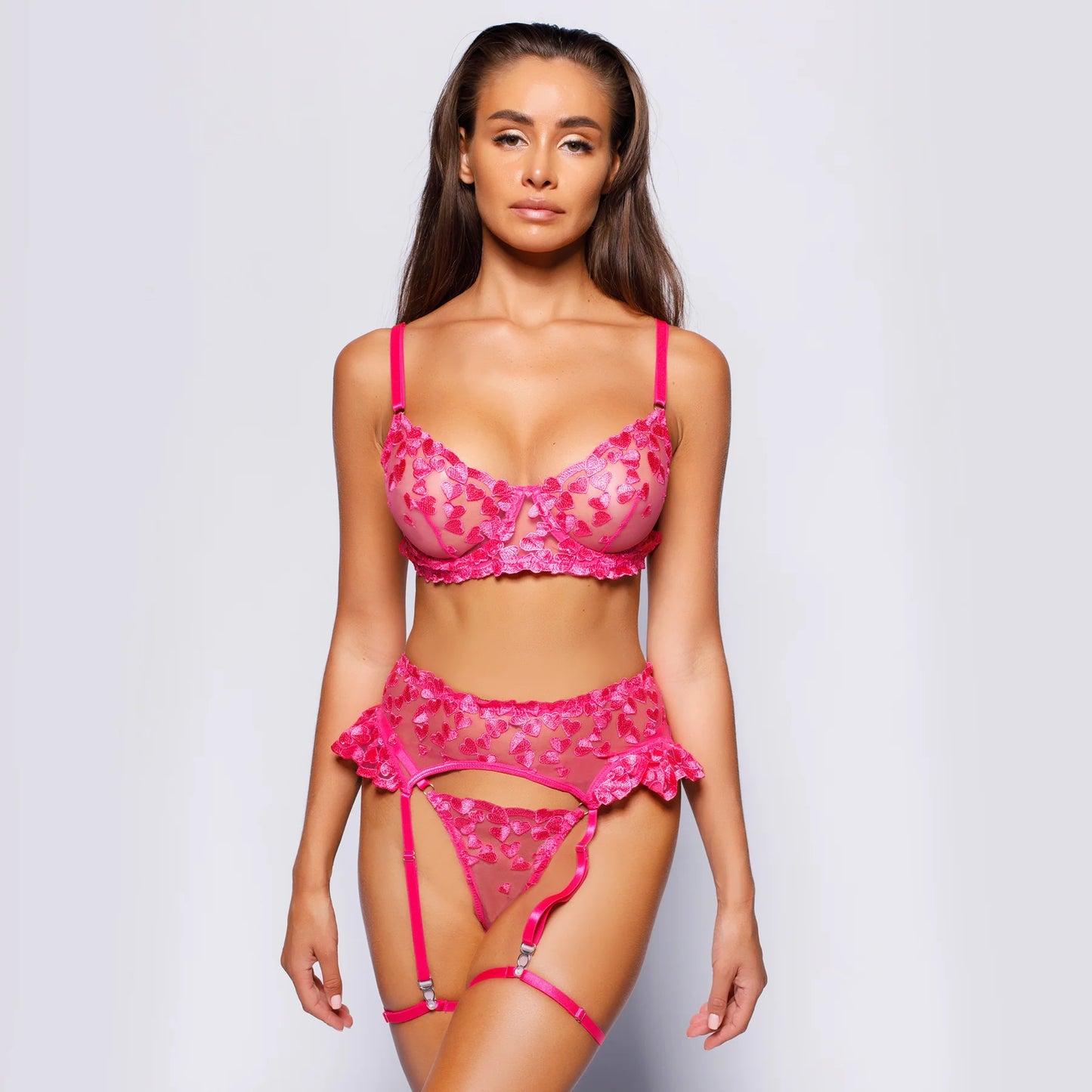 Pink Heart Embroidery Lingerie Set