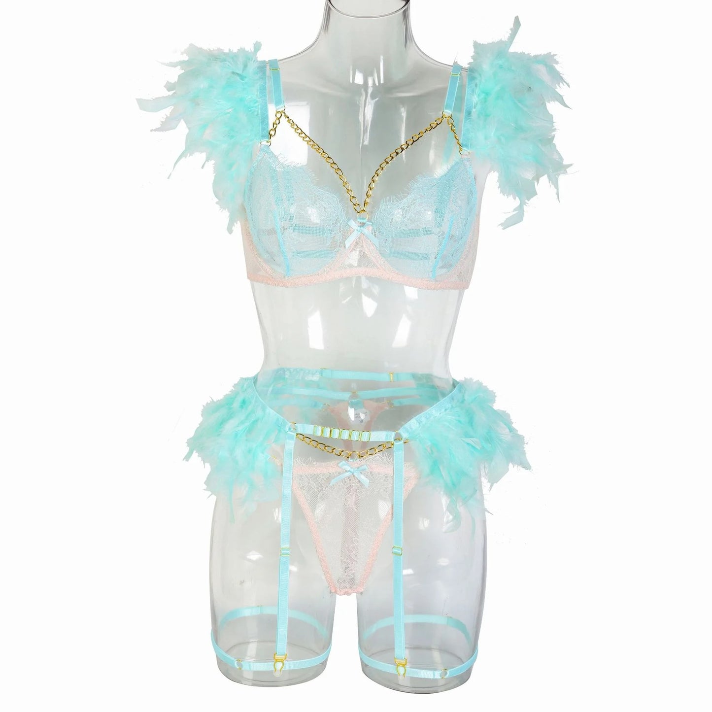 Feathered Detailed Sheer Bra&Panty&Garter Set